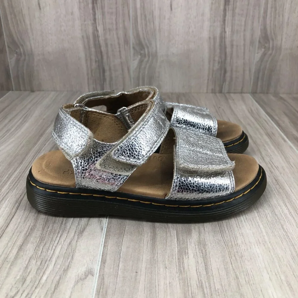 Dr Martens Sandals Kids 13 Romi J Silver Crinkle Metallic Leather Hook and Loop